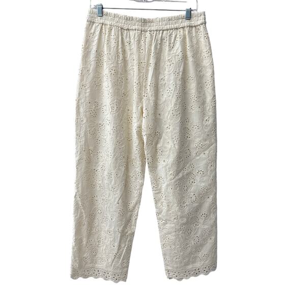 Zara High Waisted Embroidered Eyelet Cropped Scalloped Pants Cream Size Medium - Picture 7 of 16